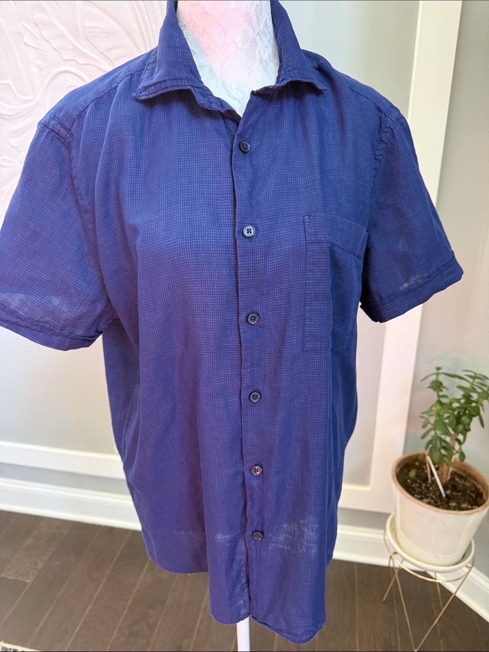 Bagutta Italy Blue Micro-Check Short Sleeve Button Up Shirt Size 41 / 16 L